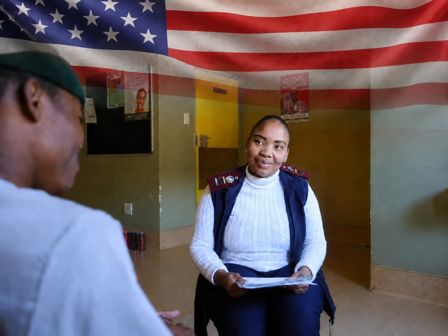 Aurum team member in a clinic with the United States flag