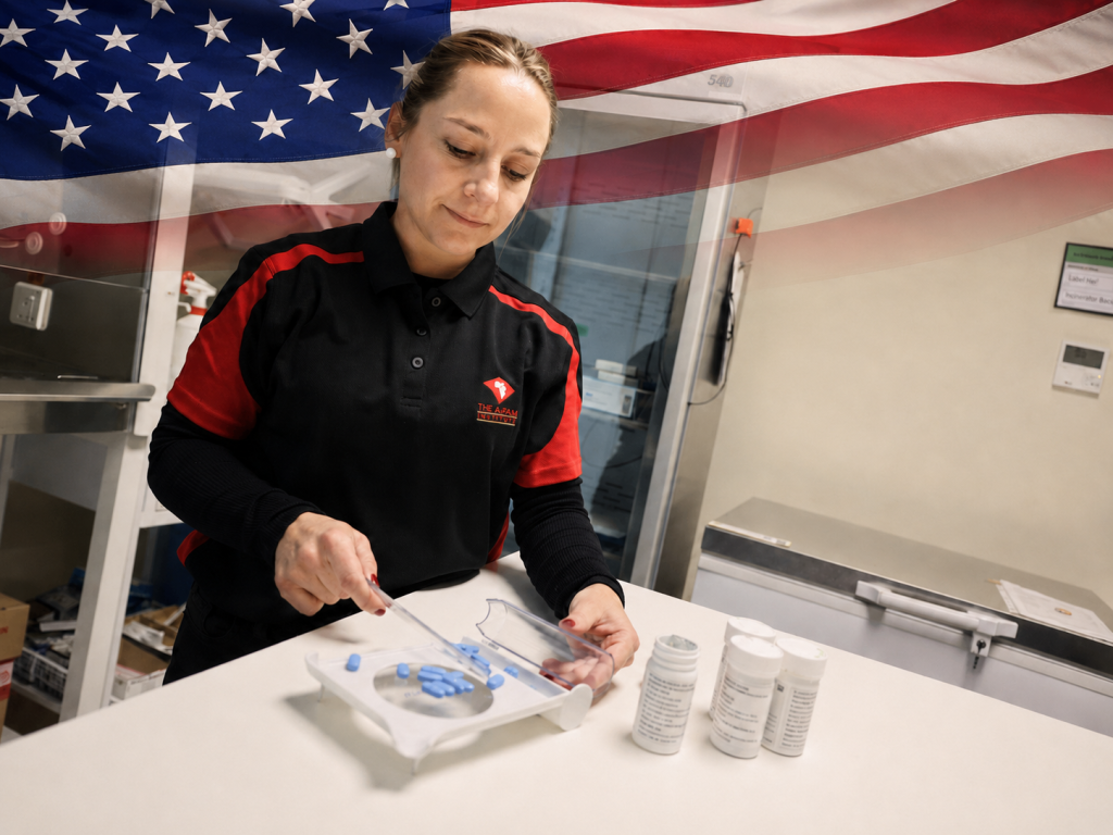 Aurum USA laboratory, with the American flag